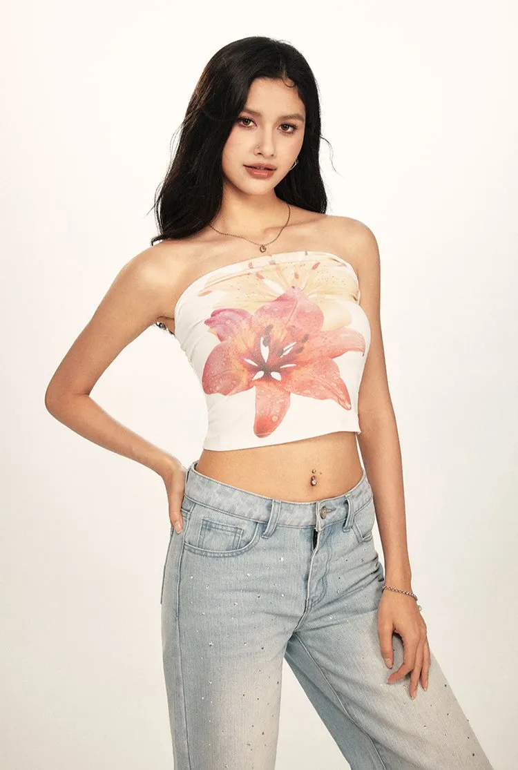 Tropical Floral Print Cropped Tube Top