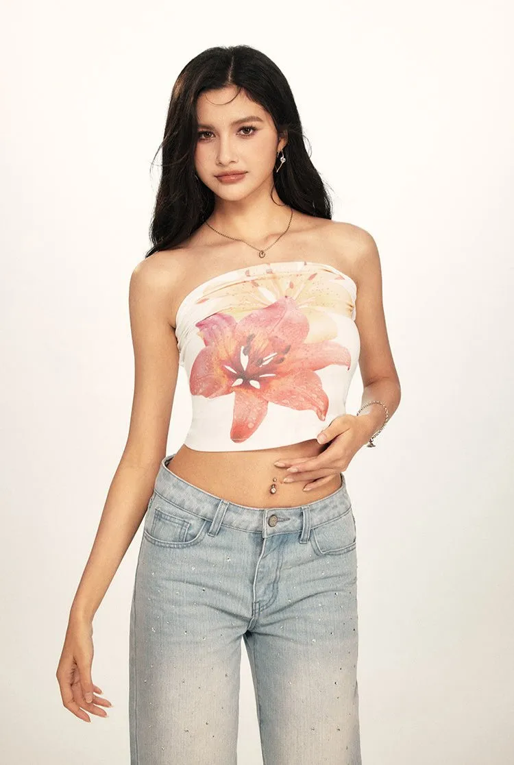 Tropical Floral Print Cropped Tube Top