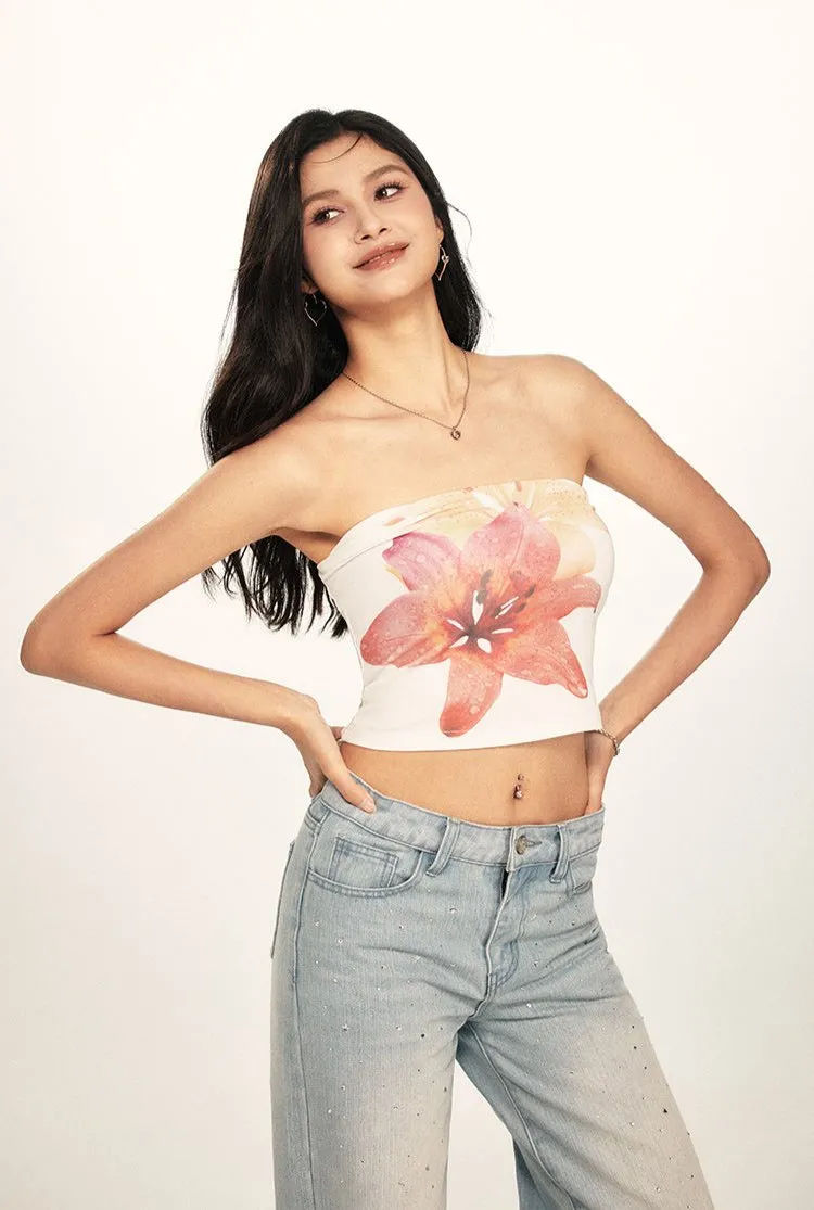 Tropical Floral Print Cropped Tube Top