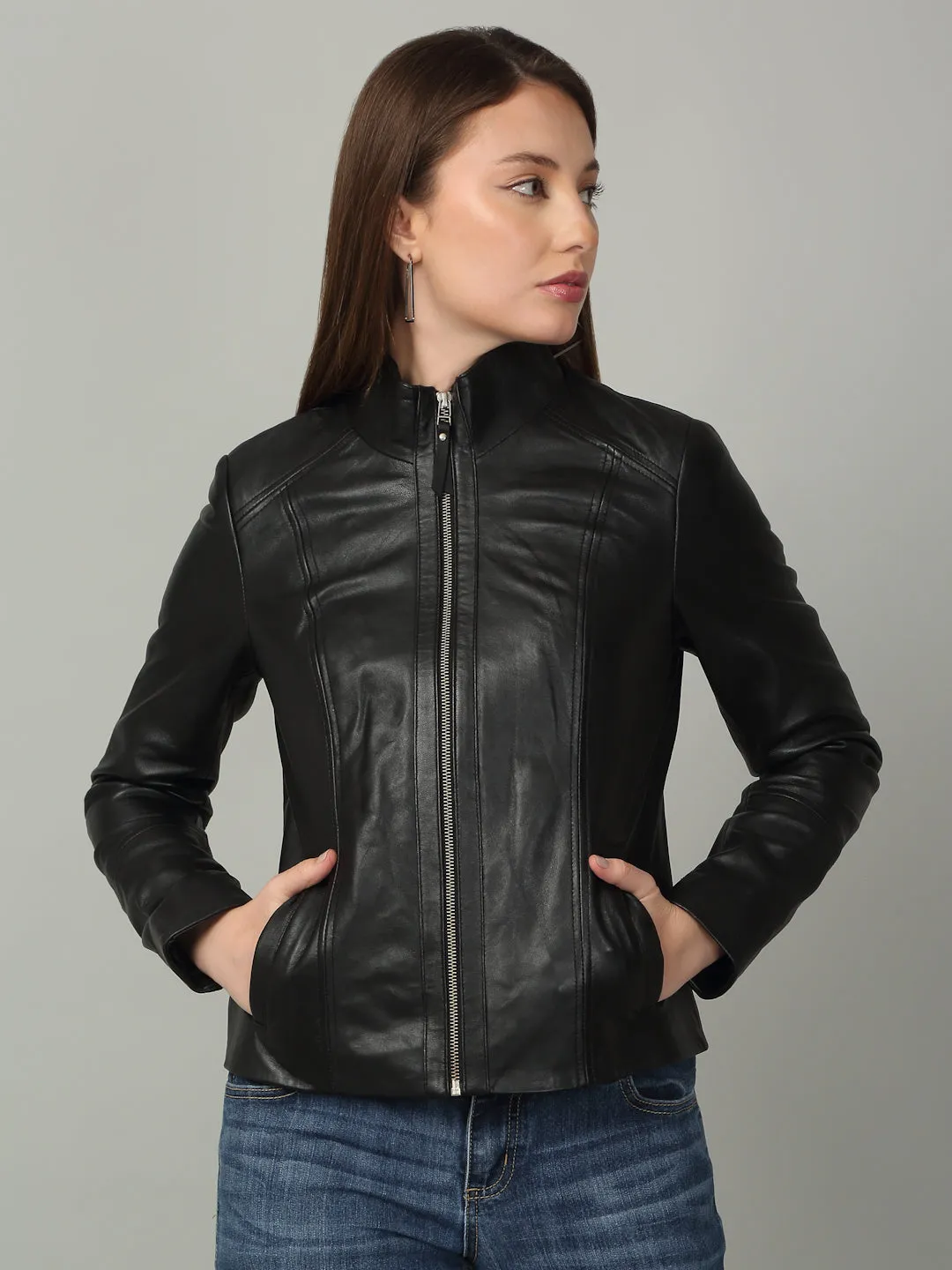 Women Black High-Neck Leather Jacket