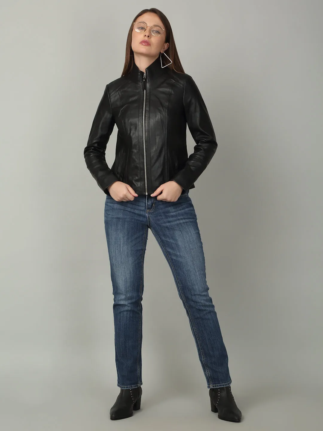 Women Black High-Neck Leather Jacket