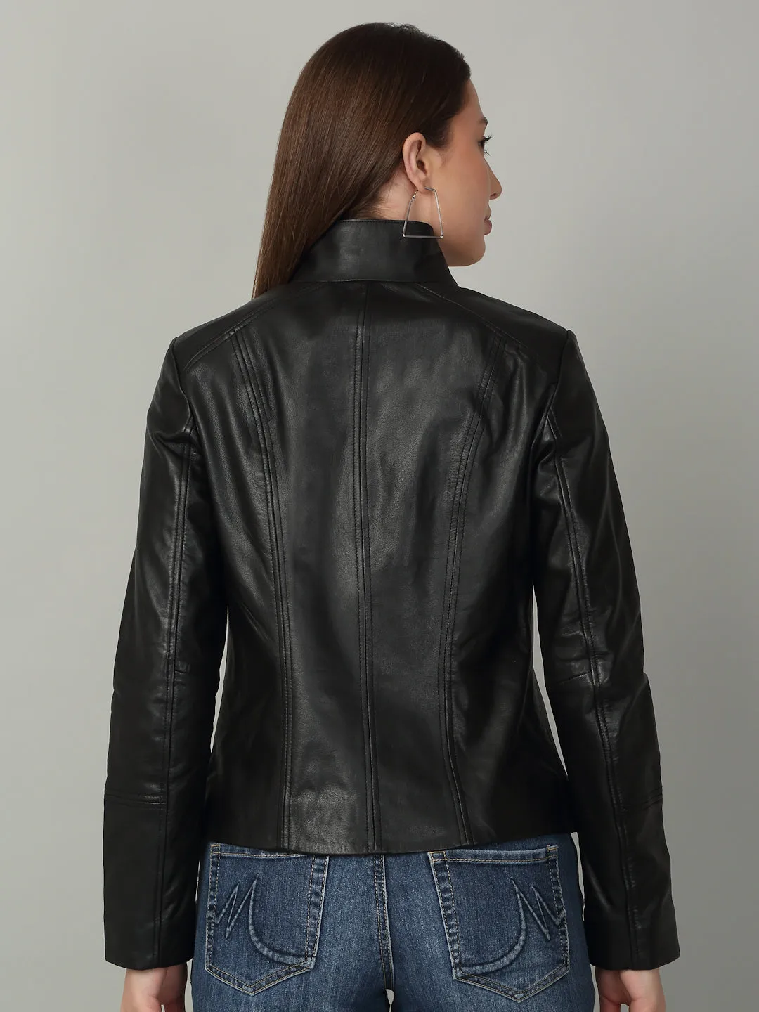 Women Black High-Neck Leather Jacket