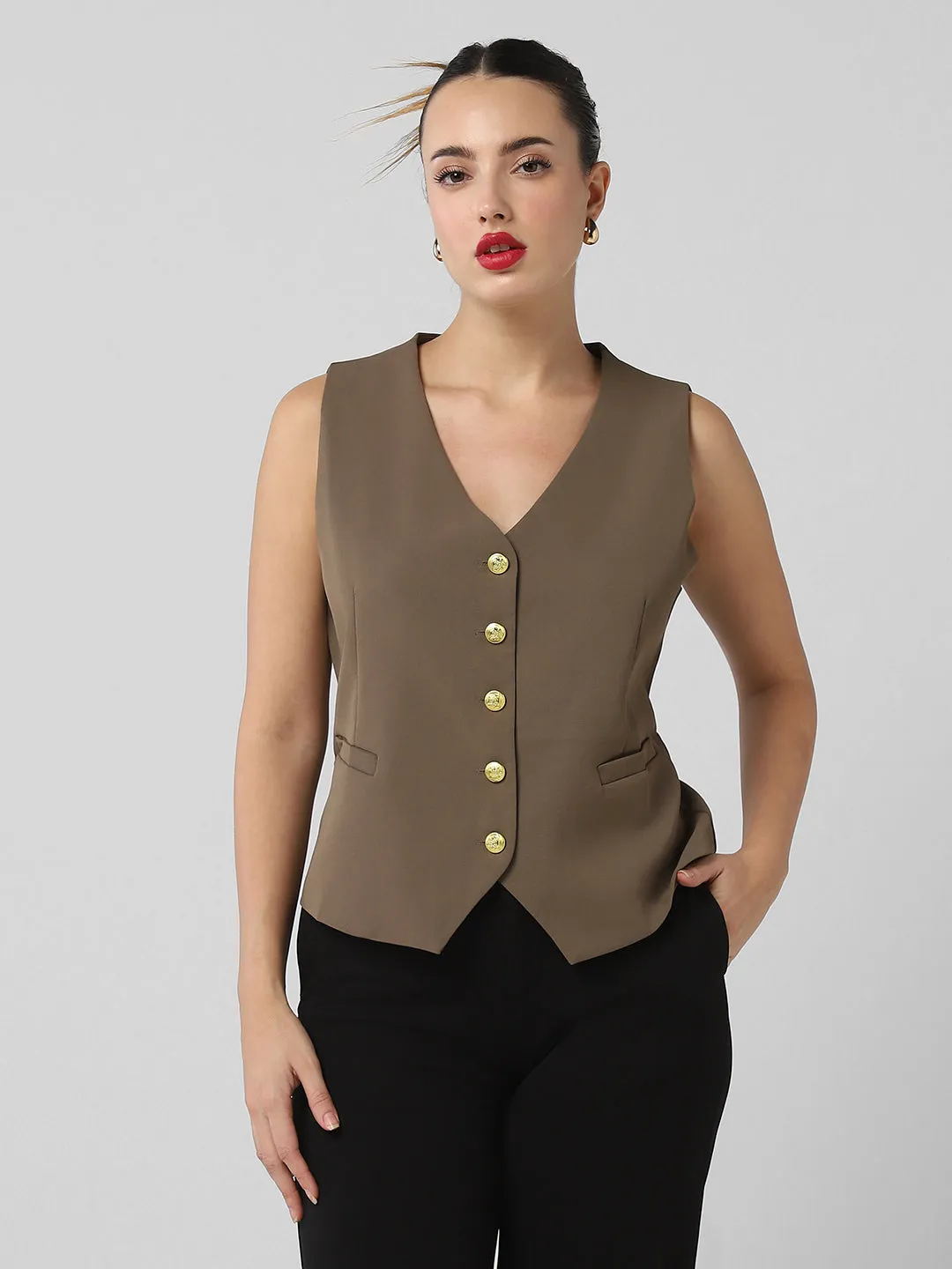 Women Brown Solid Vest Crop Top