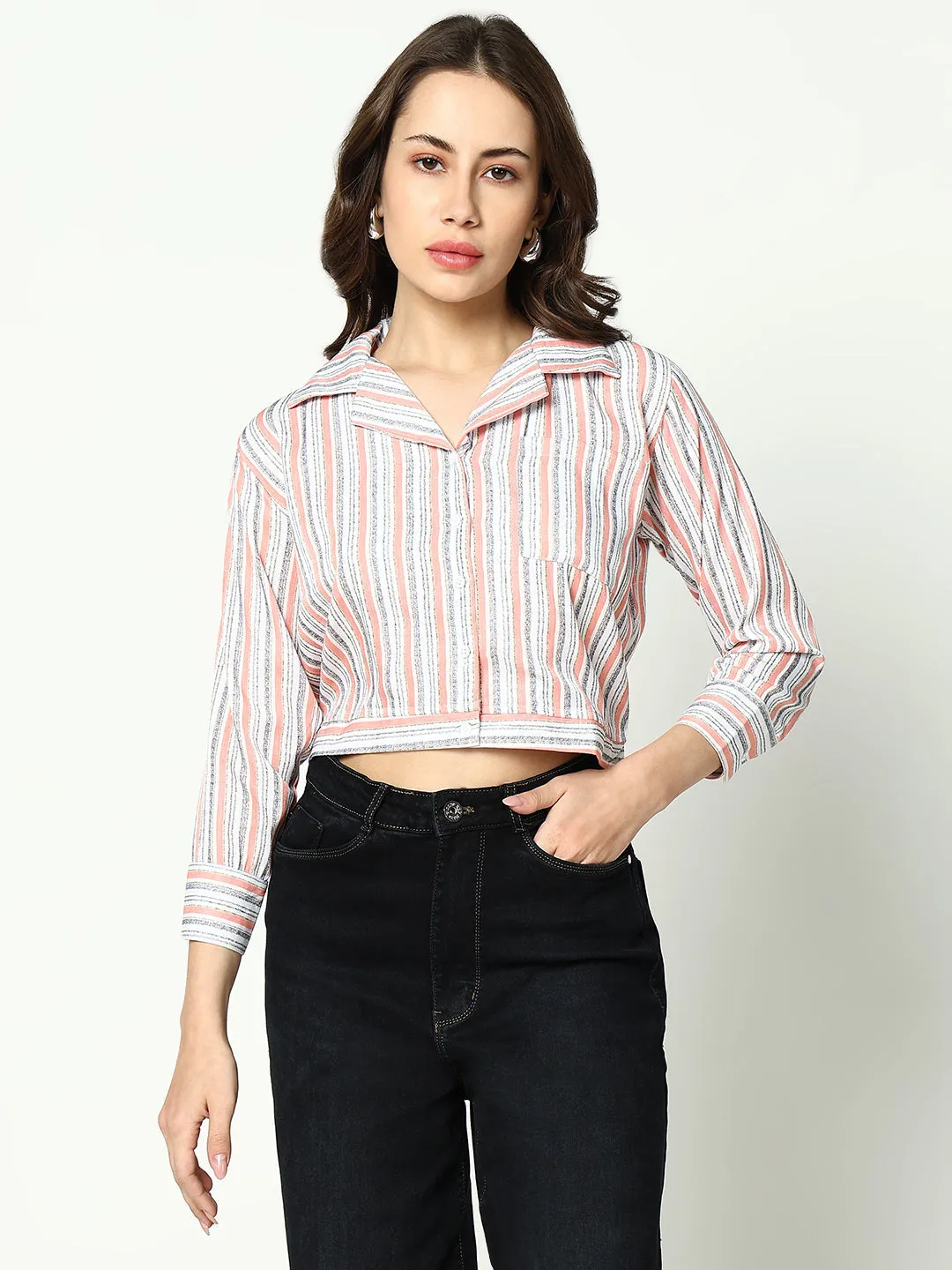 Women Peach Striped Shirt Style Top