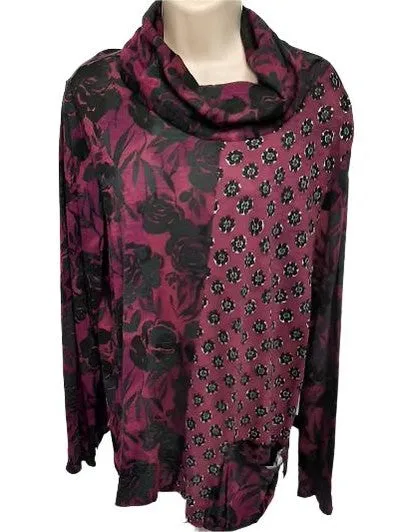 Women's Plum-Cowl Neck Floral Top